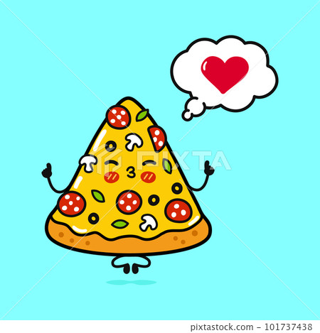 Cute funny piece of pizza doing yoga with speech bubble. Vector hand drawn cartoon kawaii character illustration icon. Isolated on blue background. Pizza in love character concept Cute funny piece of pizza doing yoga with speech bubble. Vector hand drawn cartoon kawaii character illustration icon. Isolated on blue background. Pizza in love character concept 101737438