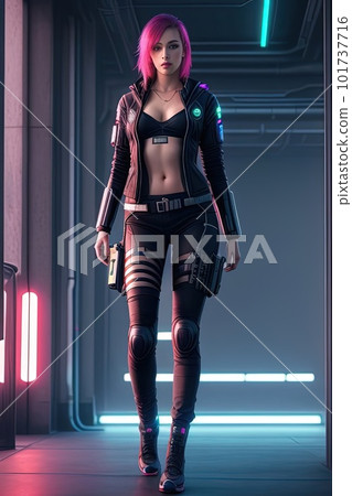 Woman on futuristic body suit standing in front of a futuristic place. Generative AI Woman on futuristic body suit standing in front of a futuristic place. Generative AI 101737716