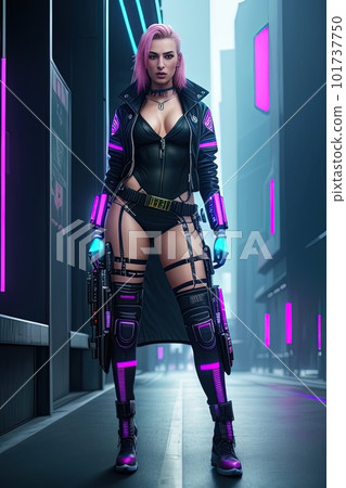 Woman on futuristic body suit standing in front of a futuristic city. Generative AI Woman on futuristic body suit standing in front of a futuristic city. Generative AI 101737750