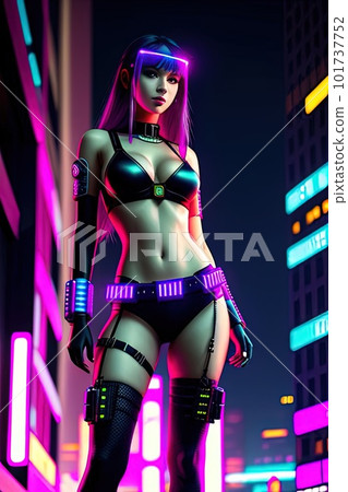 Cyberpunk neon girl in a cyber bikini. High-tech futuristic concept of virtual reality and cyberpunk Cyberpunk neon girl in a cyber bikini. High-tech futuristic concept of virtual reality and cyberpunk 101737752