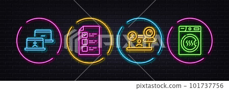 Outsource work, Voting ballot and Video conference minimal line icons. Neon laser 3d lights. Dryer machine icons. For web, application, printing. Remote job, Vote checklist, Remote training. Vector Outsource work, Voting ballot and Video conference minimal line icons. Neon laser 3d lights. Dryer machine icons. For web, application, printing. Remote job, Vote checklist, Remote training. Vector 101737756