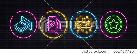 Atm money, Recruitment and Health app minimal line icons. Neon laser 3d lights. Loyalty star icons. For web, application, printing. Dollar currency, Manager change, Medical application. Vector 101737789