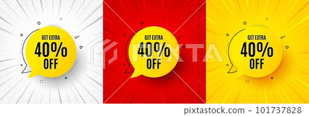 Get 40 percent off bubble banner. Flash offer banner, coupon or poster. Discount sticker shape. Sale badge icon. Sale bubble promo banner. Retail marketing flyer. Starburst pop art. Vector 101737828