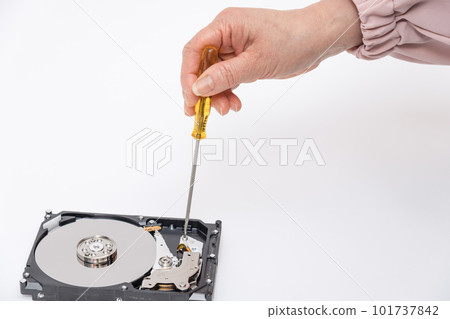 [Woman disassembling HDD with a screwdriver] 101737842