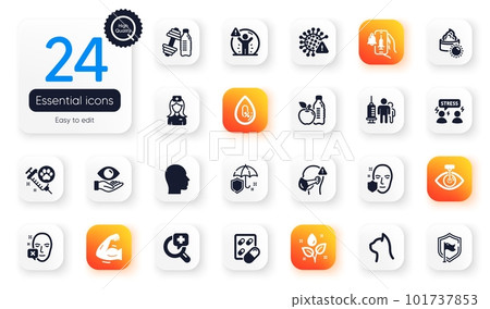 Set of Healthcare flat icons. Head, No alcohol and Dog vaccination elements for web application. Healthy food, Face declined, Covid virus icons. Umbrella, Face protection. Vector Set of Healthcare flat icons. Head, No alcohol and Dog vaccination elements for web application. Healthy food, Face declined, Covid virus icons. Umbrella, Face protection. Vector 101737853