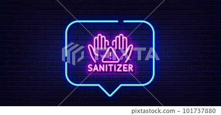 Neon light speech bubble. Clean hands line icon. Sanitary cleaning sign. Washing hands symbol. Neon light background. Clean hands glow line. Brick wall banner. Vector Neon light speech bubble. Clean hands line icon. Sanitary cleaning sign. Washing hands symbol. Neon light background. Clean hands glow line. Brick wall banner. Vector 101737880