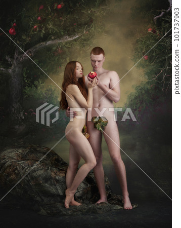 Cinematic portrait, replica of picture Adam and Eve. Man and redhaired woman in image of famous characters on vintage background. Forbidden fruit Cinematic portrait, replica of picture Adam and Eve. Man and redhaired woman in image of famous characters on vintage background. Forbidden fruit 101737903