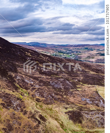Aerial view of the Pilgrims Path up to the Slieve League cliffs in County Donegal, Ireland Aerial view of the Pilgrims Path up to the Slieve League cliffs in County Donegal, Ireland 101737905