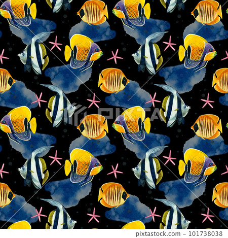 Seamless pattern on the marine theme. Striped fish in blue with yellow and blue stripes, hand-drawn in watercolor on a white background. Suitable for printing on fabric, paper, design. 101738038