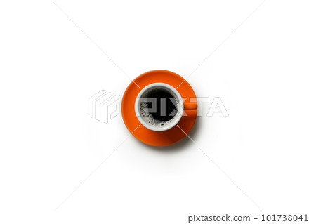 Black coffee in an orange cup and saucer isolated on white background with clipping path inside 101738041