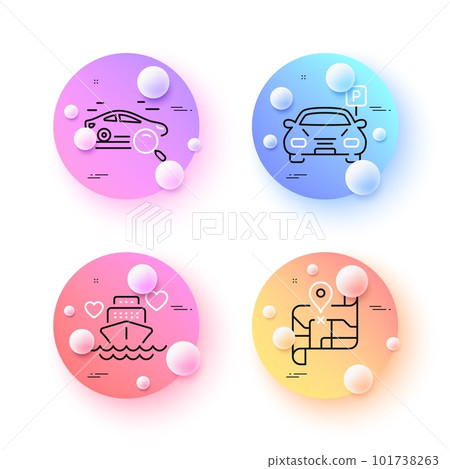 Search car, Honeymoon cruise and Parking minimal line icons. 3d spheres or balls buttons. Map icons. For web, application, printing. Find transport, Romantic cruiser, Car park. Journey road. Vector Search car, Honeymoon cruise and Parking minimal line icons. 3d spheres or balls buttons. Map icons. For web, application, printing. Find transport, Romantic cruiser, Car park. Journey road. Vector 101738263