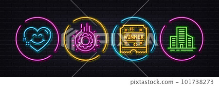 Smile face, Winner ticket and Gear minimal line icons. Neon laser 3d lights. Buildings icons. For web, application, printing. Love heart, Carousels award, Work process. City architecture. Vector 101738273