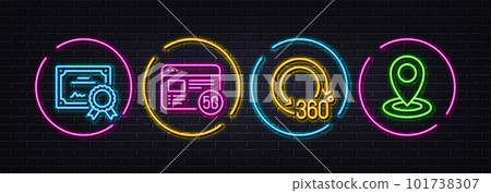 Certificate, 5g internet and 360 degrees minimal line icons. Neon laser 3d lights. Location icons. For web, application, printing. Certified file, Wifi quality, Panoramic view. Map pointer. Vector 101738307