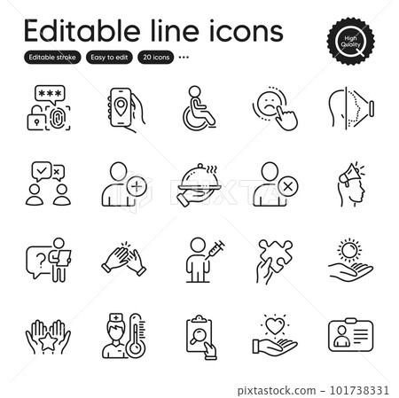 Set of People outline icons. Contains icons as Face id, People voting and Dislike elements. Search employee, Restaurant food, Id card web signs. Thermometer, Inspect, Clapping hands elements. Vector 101738331