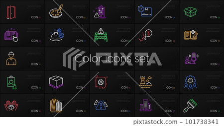 Set of Inspect, Building warning and Engineering team line icons. Include Delivery box, Open box, Lighthouse icons. Brush, Warning, Buildings web elements. Palette, Engineer. Vector 101738341