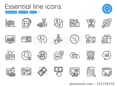 Atm, Loan and Loyalty card line icons. Collection of Account, Survey checklist, Analytics chart icons. Shopping cart, Loan percent, Wallet web elements. Coins bag, Discounts bubble, Bitcoin. Vector Atm, Loan and Loyalty card line icons. Collection of Account, Survey checklist, Analytics chart icons. Shopping cart, Loan percent, Wallet web elements. Coins bag, Discounts bubble, Bitcoin. Vector 101738378