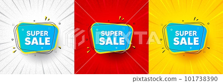 Super sale banner. Flash offer banner, coupon or poster. Discount price tag sticker. Chat bubble icon. Super sale promo banner. Retail marketing flyer. Starburst pop art. Vector 101738390
