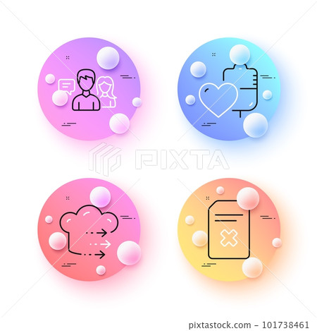 Blood, Delete file and People talking minimal line icons. 3d spheres or balls buttons. Food delivery icons. For web, application, printing. Blood donation, Remove document, Contact service. Vector 101738461