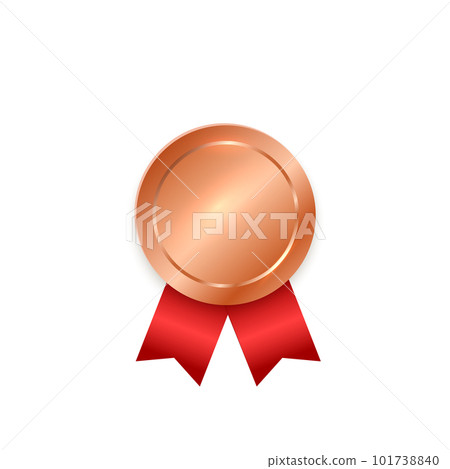 Gold medal. Golden winner award with red ribbon. Vector blank medallion prize. 101738840