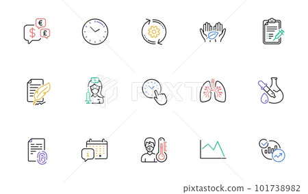 Time, Vaccination and Time management line icons for website, printing. Collection of Fair trade, Calendar, Feather signature icons. Money currency, Line chart. Bicolor outline Time icon. Vector Time, Vaccination and Time management line icons for website, printing. Collection of Fair trade, Calendar, Feather signature icons. Money currency, Line chart. Bicolor outline Time icon. Vector 101738982