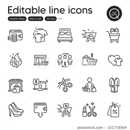 Set of Fashion outline icons. Contains icons as Wallet money, Wallet and Online shopping elements. Shopping cart, Shoes, Discount tags web signs. Hot offer, Buying process. Vector Set of Fashion outline icons. Contains icons as Wallet money, Wallet and Online shopping elements. Shopping cart, Shoes, Discount tags web signs. Hot offer, Buying process. Vector 101738984