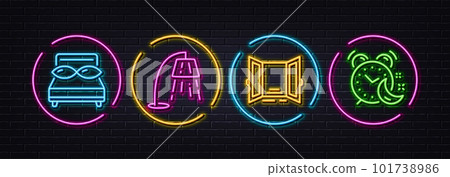Stand lamp, Open door and Pillows minimal line icons. Neon laser 3d lights. Alarm icons. For web, application, printing. Floor lamp, Entrance, Night bed. Night clock. Neon lights buttons. Vector Stand lamp, Open door and Pillows minimal line icons. Neon laser 3d lights. Alarm icons. For web, application, printing. Floor lamp, Entrance, Night bed. Night clock. Neon lights buttons. Vector 101738986