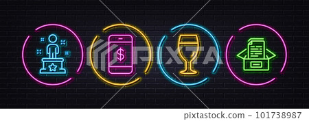 Beer glass, Success and Smartphone payment minimal line icons. Neon laser 3d lights. Documents box icons. For web, application, printing. Brewery beverage, Winner person, Mobile pay. Vector Beer glass, Success and Smartphone payment minimal line icons. Neon laser 3d lights. Documents box icons. For web, application, printing. Brewery beverage, Winner person, Mobile pay. Vector 101738987