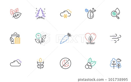 Local grown, Snow weather and Christmas holly line icons for website, printing. Collection of Gluten free, Insomnia, Christmas tree icons. Tree, Organic tested, Carrot web elements. Vector 101738995