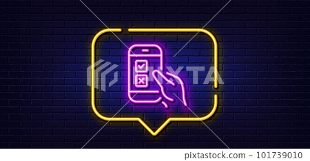 Neon light speech bubble. Mobile survey line icon. Select answer sign. Business interview symbol. Neon light background. Mobile survey glow line. Brick wall banner. Vector 101739010