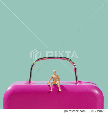 miniature man in swimsuit on a pink suitcase 101739029