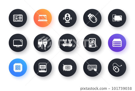 Computer device icons. Motherboard, CPU and Laptop. SSD memory classic icon set. Circle web buttons. Vector Computer device icons. Motherboard, CPU and Laptop. SSD memory classic icon set. Circle web buttons. Vector 101739038