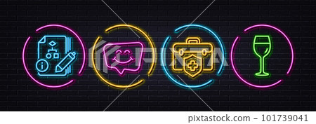 Algorithm, Medical insurance and Smile chat minimal line icons. Neon laser 3d lights. Wine glass icons. For web, application, printing. Project, Risk coverage, Happy face. Bordeaux glass. Vector Algorithm, Medical insurance and Smile chat minimal line icons. Neon laser 3d lights. Wine glass icons. For web, application, printing. Project, Risk coverage, Happy face. Bordeaux glass. Vector 101739041