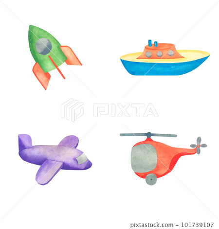 Kids toys. Watercolor illustration of a rocket, a boat, an airplane, a helicopter. Illustration for children. Kids toys. Watercolor illustration of a rocket, a boat, an airplane, a helicopter. Illustration for children. 101739107