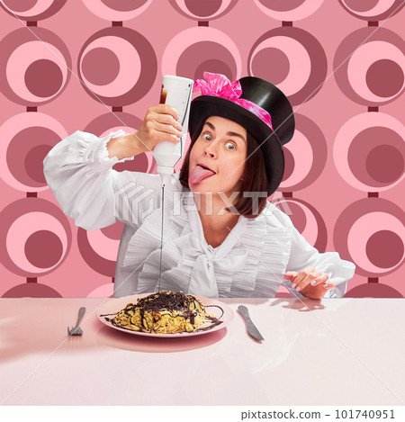 Crazy, emotinal young woman in hat and blouse, squizzing chocolate sauce on spaghetti. Pink pattern background Crazy, emotinal young woman in hat and blouse, squizzing chocolate sauce on spaghetti. Pink pattern background 101740951