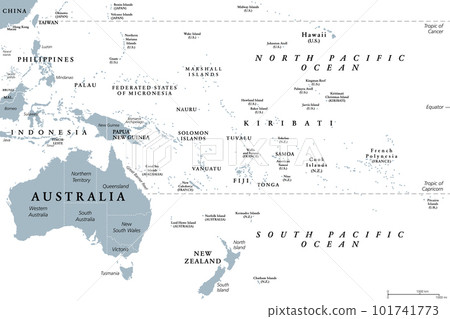 Oceania, gray political map. Australia and the Pacific, including New Zealand. Geographic region, southeast of the Asia-Pacific region, including Australasia, Melanesia, Micronesia and Polynesia. 101741773