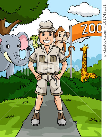 Zookeeper and Animal Colored Cartoon Illustration 101742111
