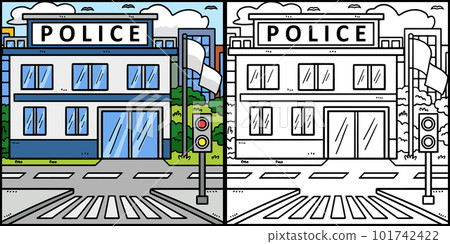 Police Station Coloring Page Colored Illustration 101742422