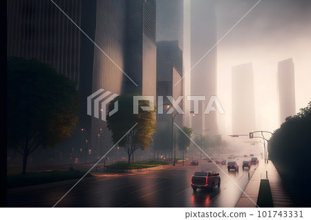 Urban skyscrapers at early foggy morning in the city district. Neural network AI generated art 101743331