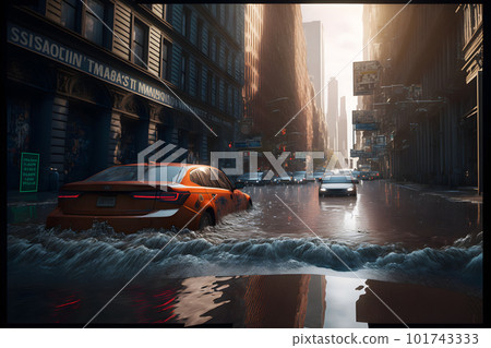 Flood in city center with light sky after heavy rain. Neural network AI generated art 101743333