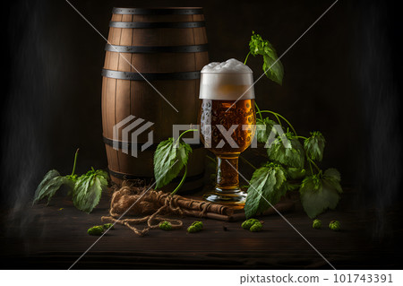 Beautiful beer with foam in classic beer glass in dark scene. Neural network AI generated art Beautiful beer with foam in classic beer glass in dark scene. Neural network AI generated art 101743391