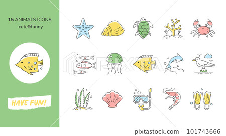 Sea vacation icons set. Ocean and Beach theme isolated outline icons - starfish, seashell, turtle, coral, outline, line, linear, crab, fish, jellyfish, dolphin, reef, seagull, coast, seaweed, mask. 101743666