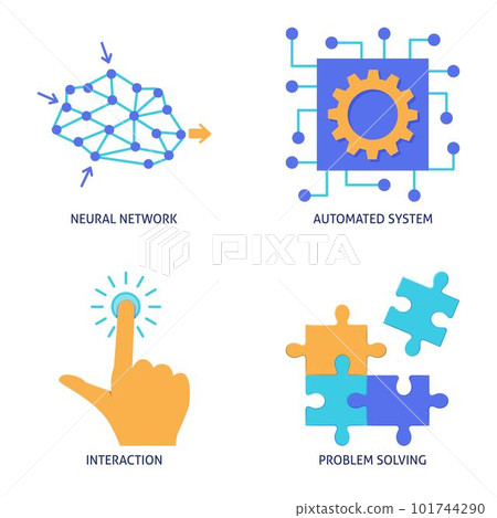Neural network and automated systems flat icon set 101744290