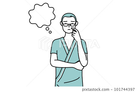 Middle-aged / senior male inpatient thinking while scratching his face Middle-aged / senior male inpatient thinking while scratching his face 101744397