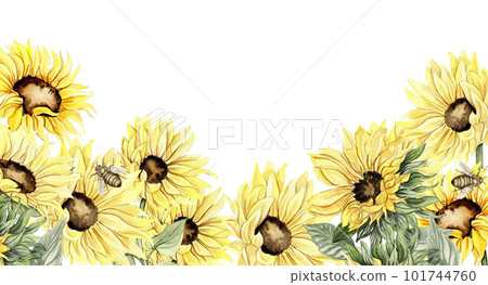 Watercolor horizontal seamless background with sunflowers. Butterflies in cartoon style. Hand drawn illustration of summer. Perfect for scrapbooking, kids design, wedding invitation. greetings cards. 101744760