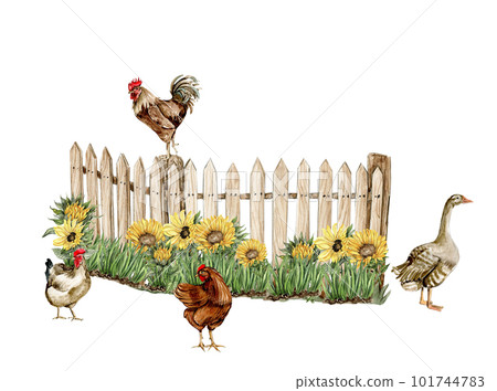 Watercolor farm composition with sunflowers. Butterflies in cartoon style. Hand drawn illustration of summer. Perfect for scrapbooking, kids design, wedding invitation,posters, greetings cards. 101744783