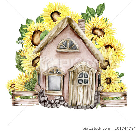 Watercolor farm composition with sunflowers. Butterflies in cartoon style. Hand drawn illustration of summer. Perfect for scrapbooking, kids design, wedding invitation,posters, greetings cards. 101744784