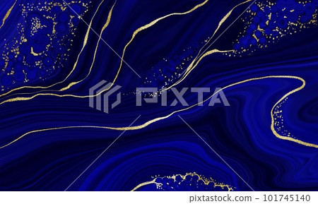 Marble Dark Blue and Gold Abstract Background. Fluid Acrulic Art Imitation. 101745140