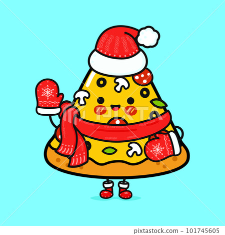 Funny smiling happy piece of pizza and christmas hat. Vector flat cartoon character illustration icon design. Isolated on blue background 101745605
