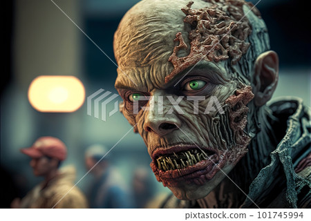 Zombie head with scary face in the crowd during the zombie apocalypse. Horror theme for Halloween or game party ad. Generated AI. 101745994