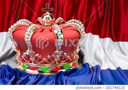 Royal golden crown with jewels on the Kingdom of the Netherlands flag background, 3D rendering 101746122